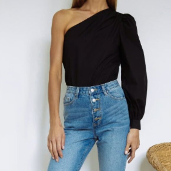 FRAME | Black One Shoulder Long Sleeve 100% Cotton Blouse Top Size Medium - Picture 1 of 13